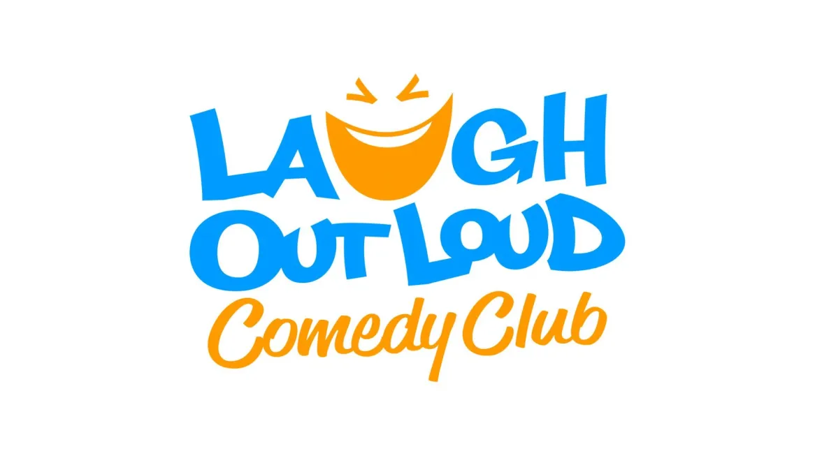 The words Laugh Out Loud Comedy Club in orange and blue with a white background.