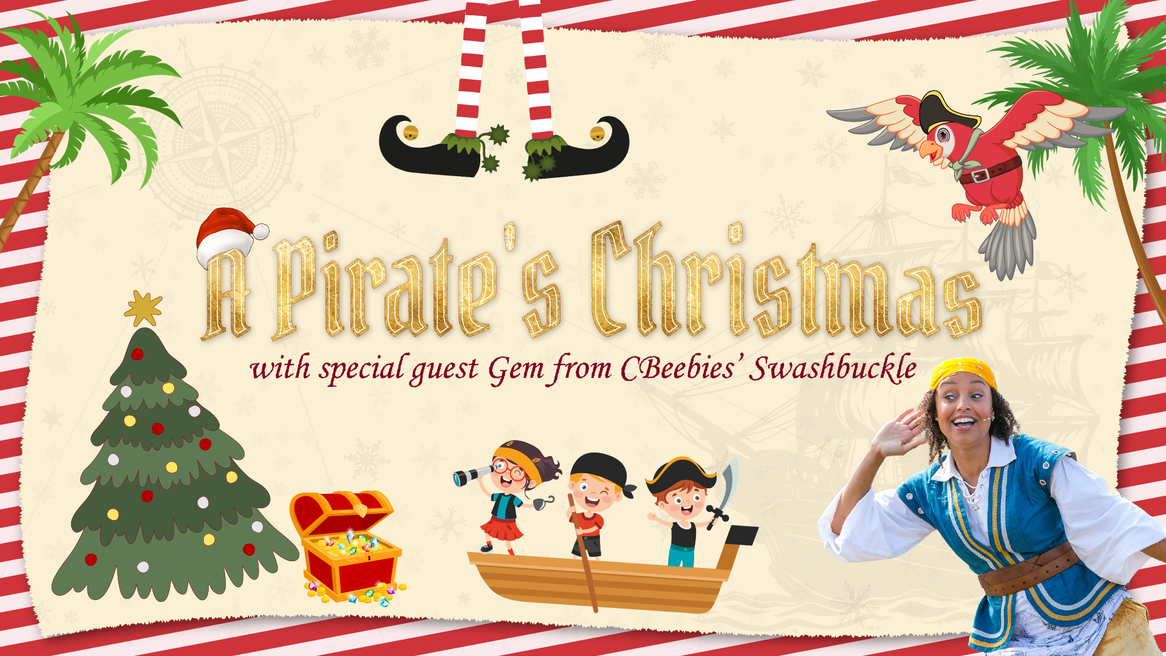 A woman dressed as a pirate in front of a pirate's treasure map and a Christmas tree