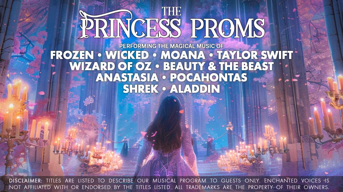 A young woman in a princess gown faces a grand staircase surrounded by flowers and candelabras 