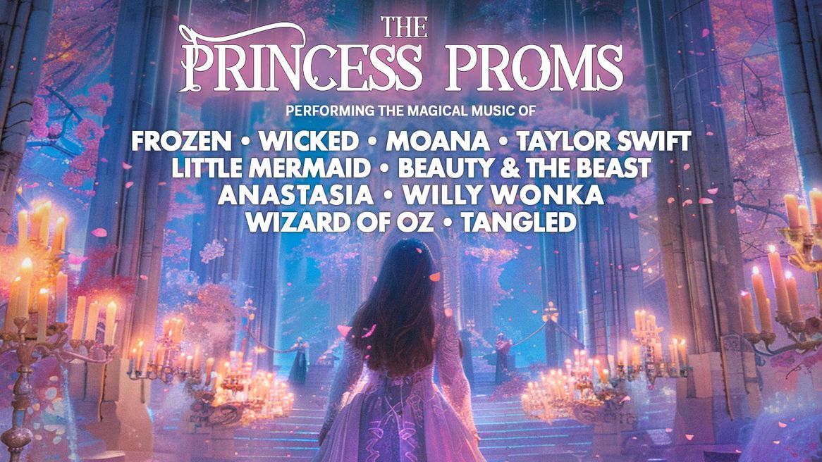A young woman in a princess gown faces a grand staircase surrounded by flowers and candelabras 