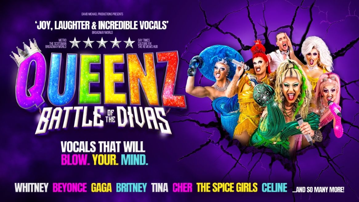 Five drag queens and one man in a glittery bow tie burst through a hole in a purple background