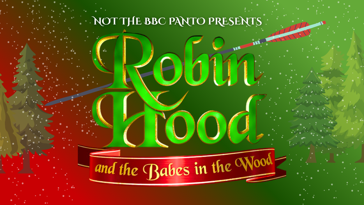 The words Robin Hood with an arrow going through them in front of trees covered in snow