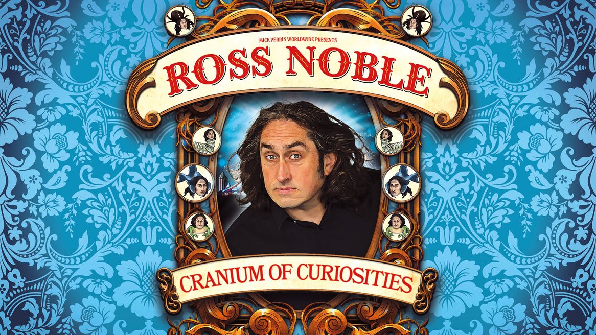 A man with long hair framed by a golden frame and images of him with his head on animals bodies