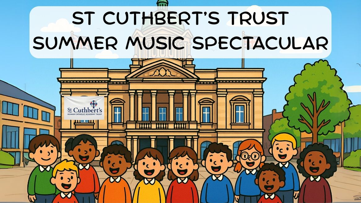 A cartoon drawing of children singing outside Hull City Hall
