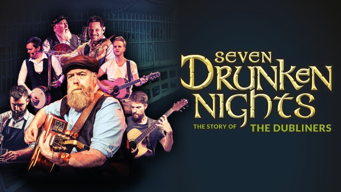 Seven musicians playing instruments including guitars, violin next to the words Seven Drunken Nights