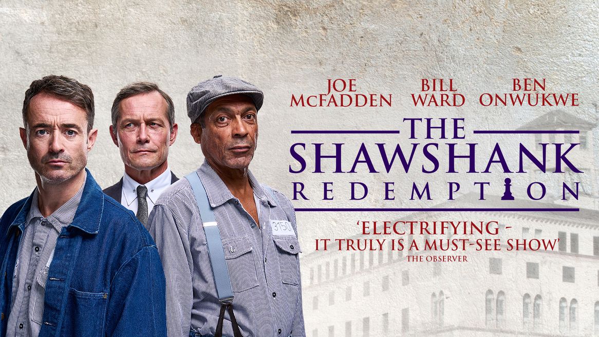Actors Joe McFadden, Bill Ward, and Ben Onwukwe stood side by side with an image of a prison on the right.