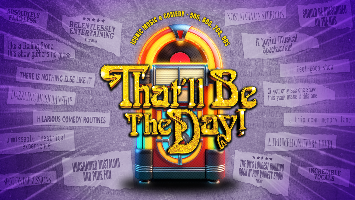 A jukebox in front of a purple background featuring various reviews cut out from newspaper articles