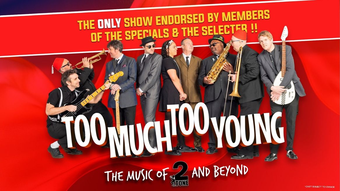 A band featuring eight men men and one woman pose with various guitars and brass instruments