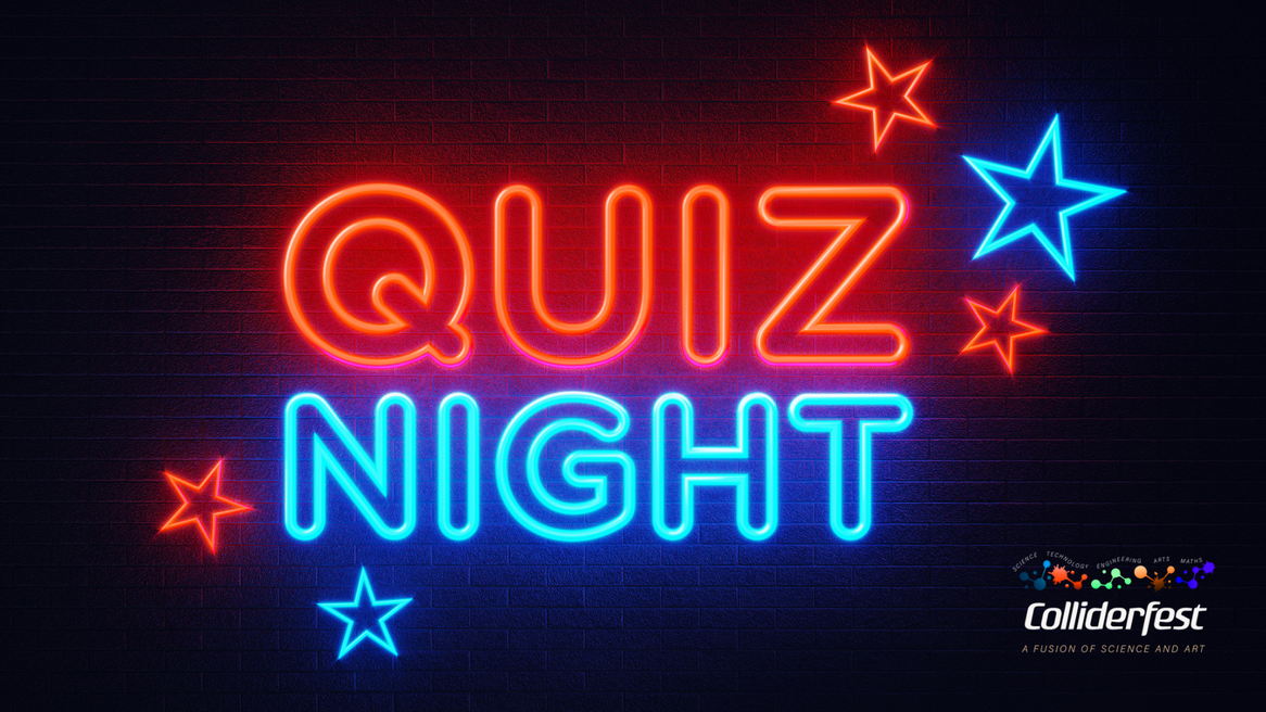 The words Quiz and night in neon red and blue against a brick backdrop