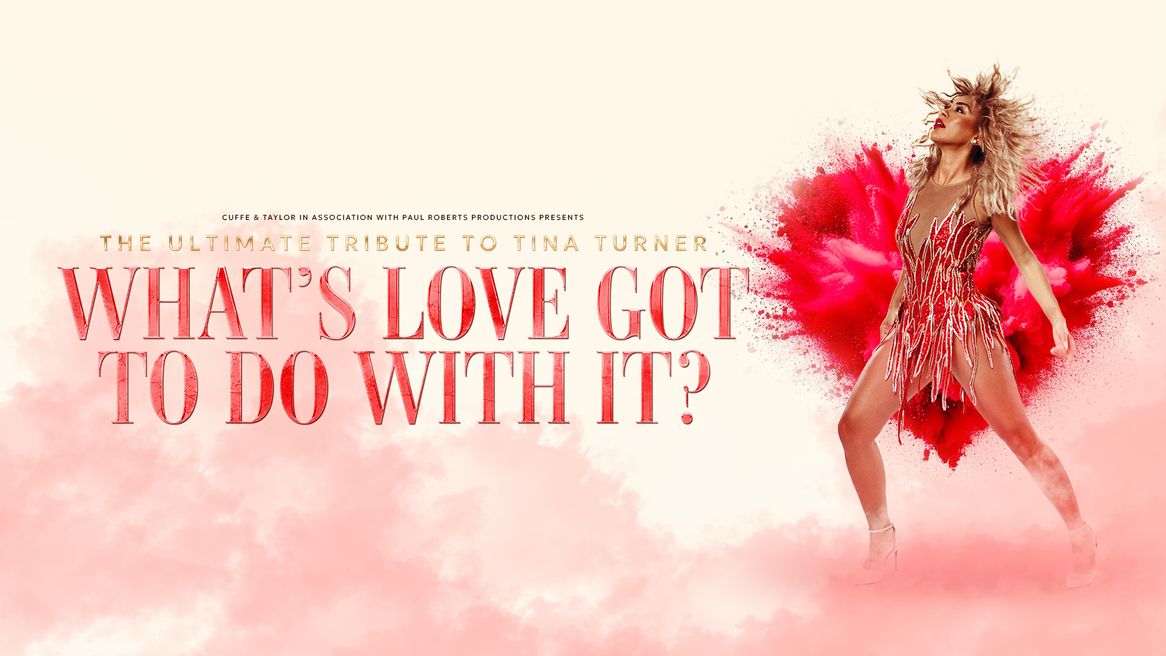 A woman dressed as Tina Turner poses in a red dress in front of a red heart on a background of pink clouds