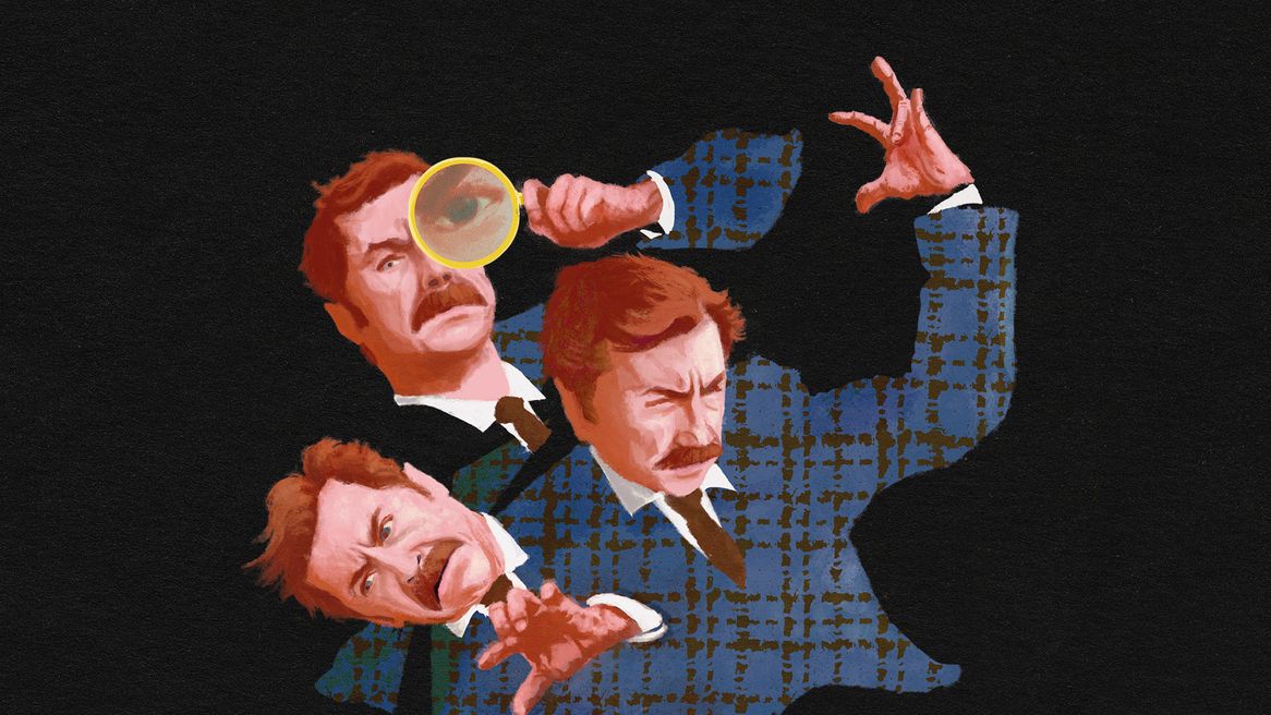 A cartoon image of three idential men with magnifying glasses falling over eachother