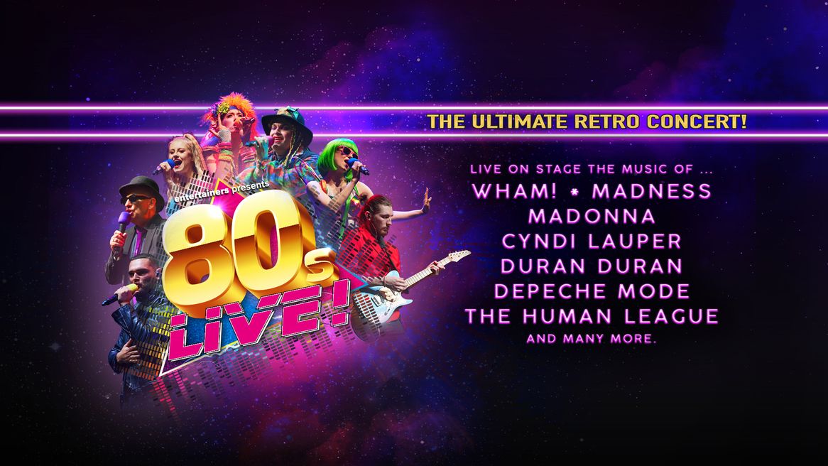 Black starry background with singers portraying 80s music icons scattered around the words 80s Live!   